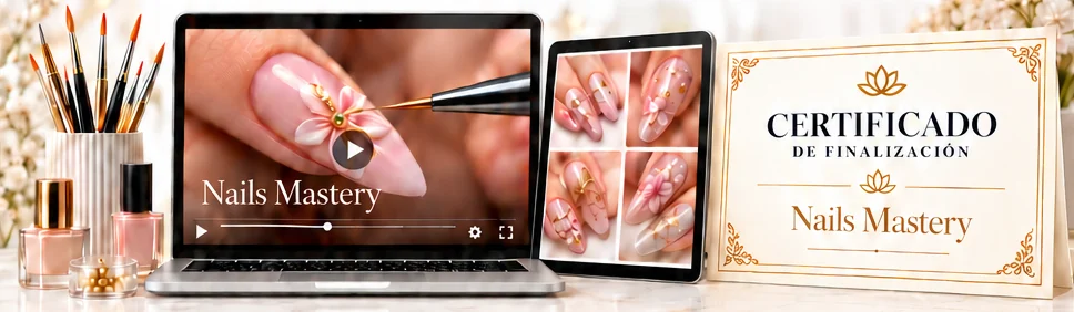 Curso Nails Mastery en computador y tablet, junto al certificado de finalización